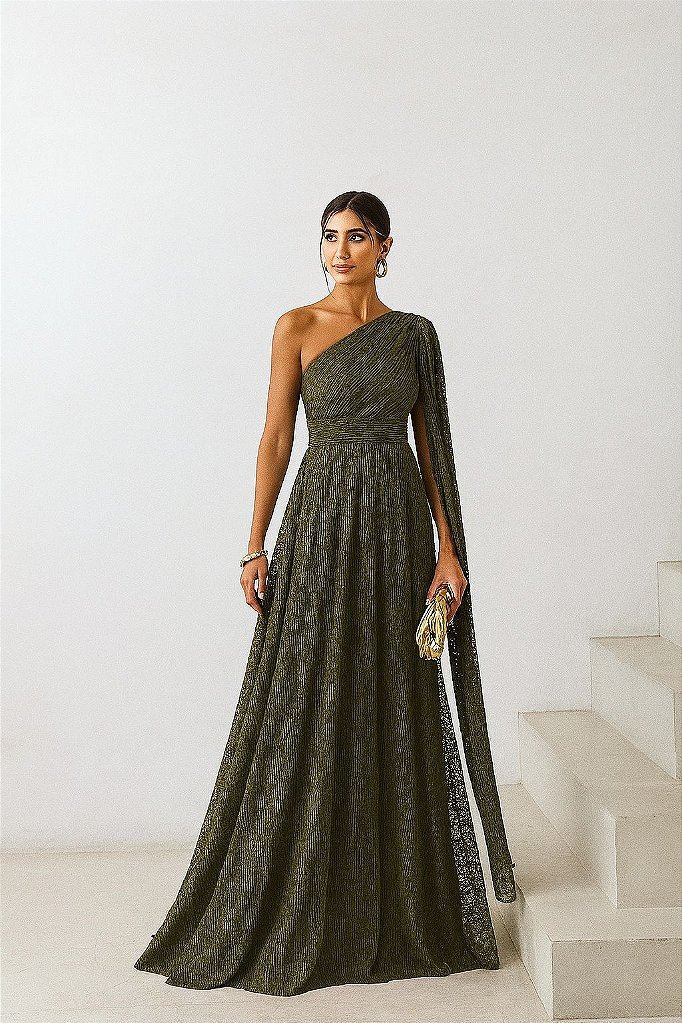 VESTIDO DE FESTA HELENA LONGO RENDA - VERDE OLIVA