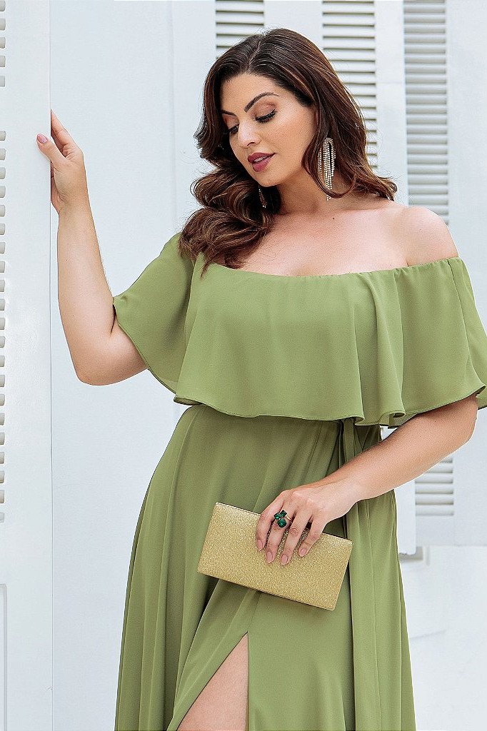 VESTIDO OMBRO A OMBRO KAROLINE PLUS - VERDE OLIVA