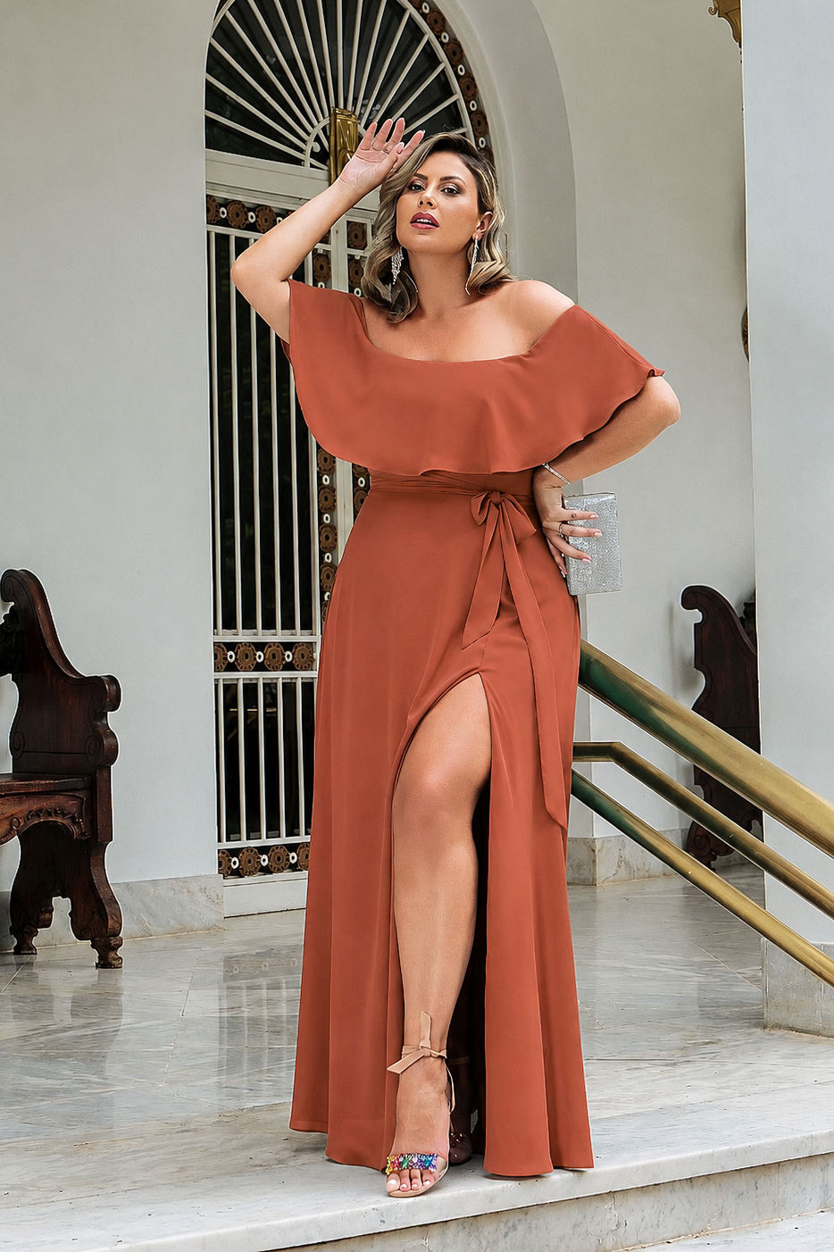 VESTIDO OMBRO A OMBRO KAROLINE PLUS - TERRACOTA