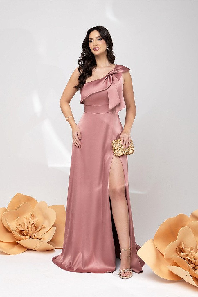 VESTIDO MARISA OMBRO A OMBRO CREPE ACETINADO LAÇO - ROSÉ