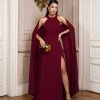 VESTIDO DE FESTA MILANO GOLA ALTA COM CAPA - MARSALA
