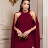 VESTIDO DE FESTA MILANO GOLA ALTA COM CAPA - MARSALA