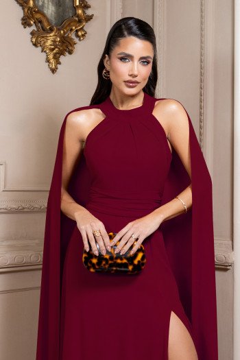 VESTIDO DE FESTA MILANO GOLA ALTA COM CAPA - MARSALA