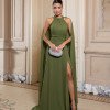 VESTIDO DE FESTA MILANO GOLA ALTA COM CAPA - VERDE OLIVA