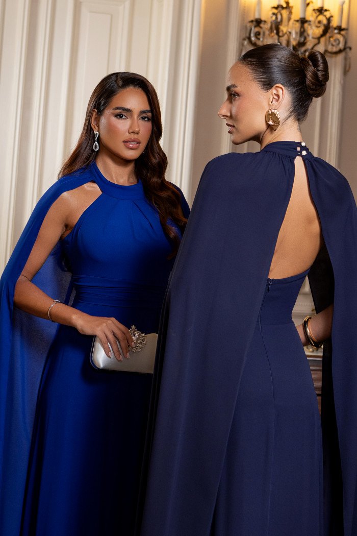 VESTIDO DE FESTA MILANO GOLA ALTA COM CAPA - AZUL MARINHO