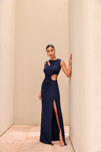 VESTIDO LONGO DETALHE FENDA SARA - AZUL