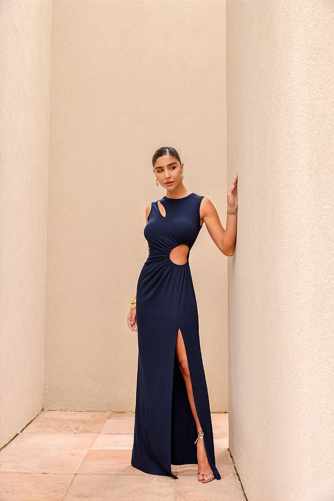 VESTIDO LONGO DETALHE FENDA SARA - AZUL