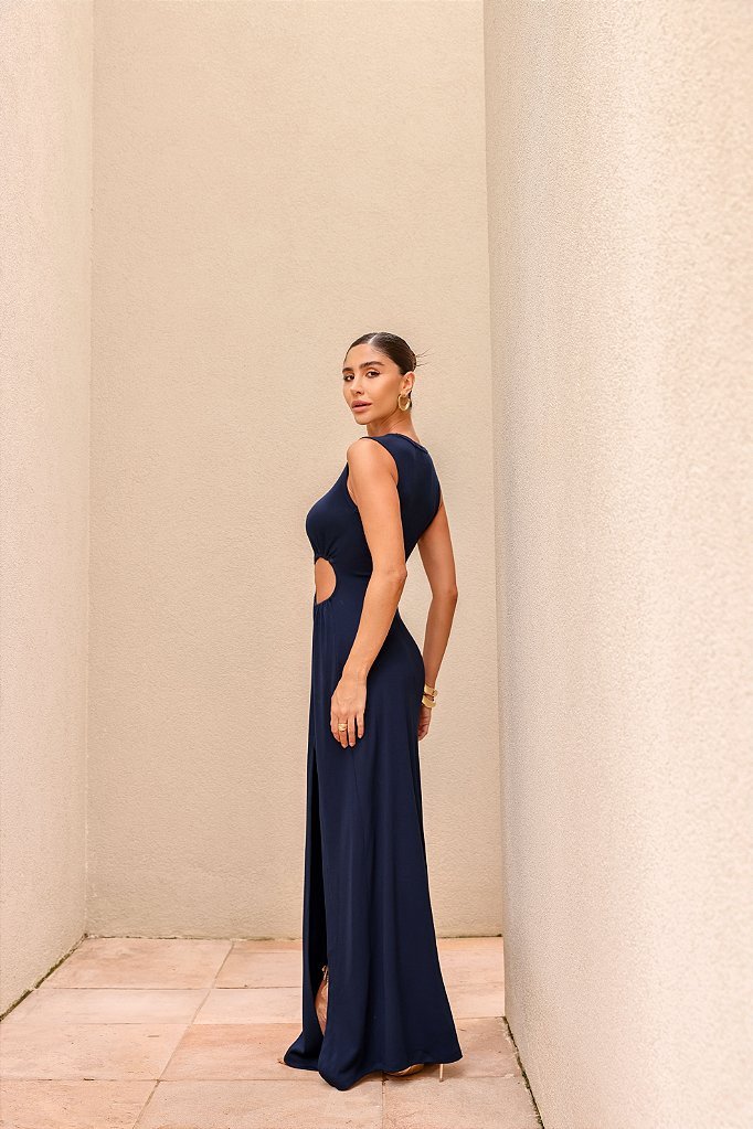 VESTIDO LONGO DETALHE FENDA SARA - AZUL