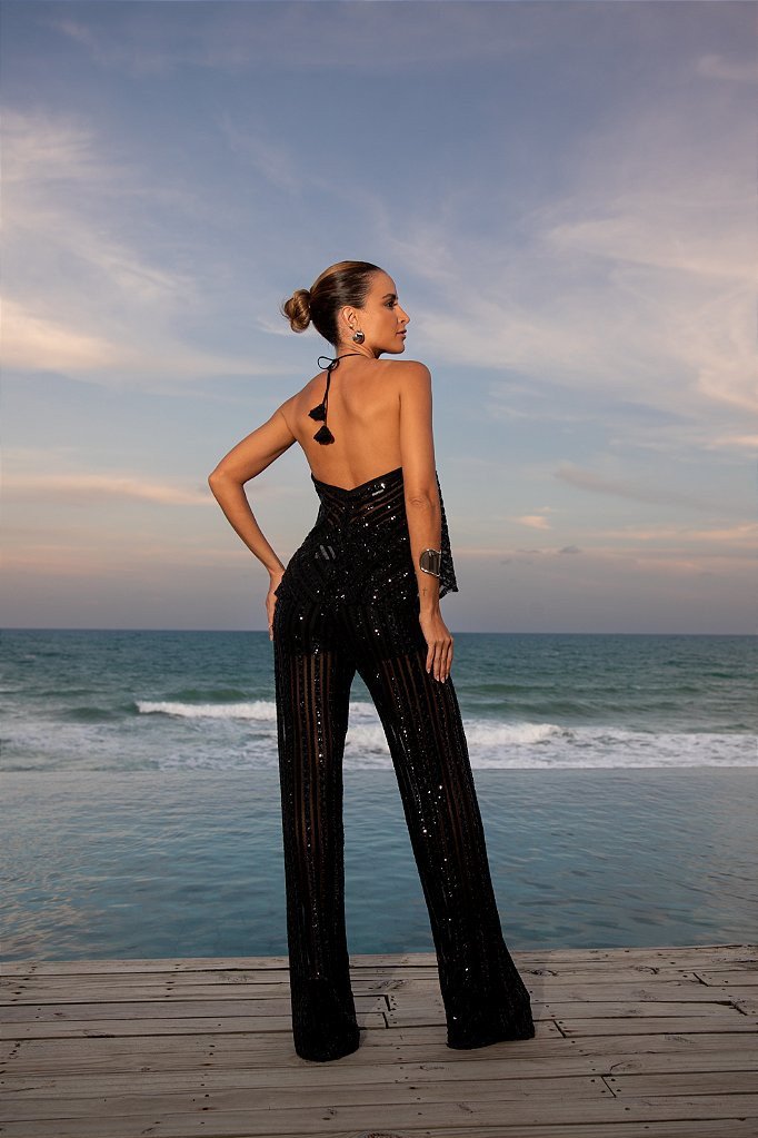CONJUNTO CALÇA E BLUSA PANTALONA PAETÊ MELANY - PRETO