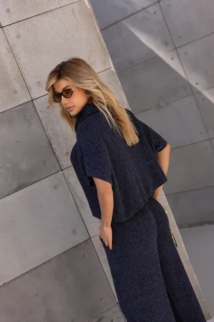 CONJUNTO VENEZA TRICÔ BLUSA GOLA ALTA - AZUL NOITE