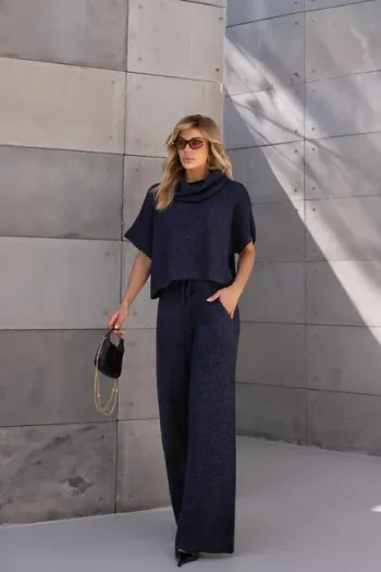 CONJUNTO VENEZA TRICÔ BLUSA GOLA ALTA - AZUL NOITE