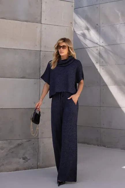 CONJUNTO VENEZA TRICÔ BLUSA GOLA ALTA - AZUL NOITE