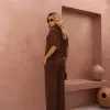 CONJUNTO VENEZA TRICÔ BLUSA GOLA ALTA - MARROM