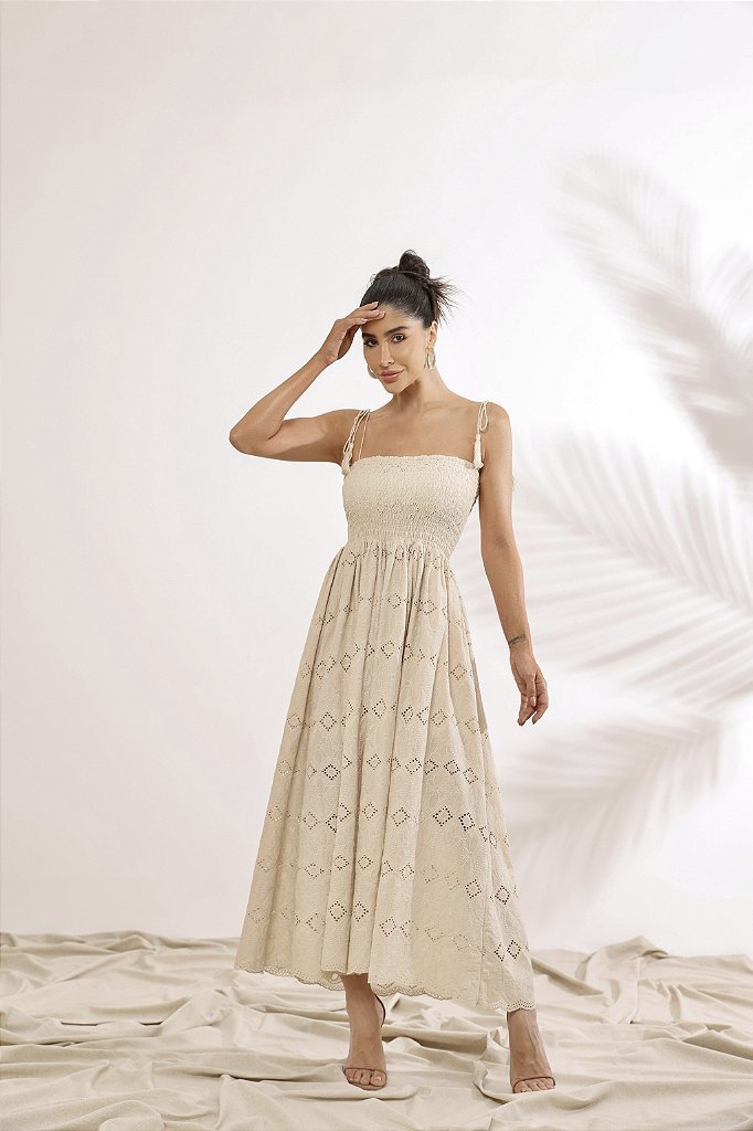 VESTIDO JUJU LONGUETE LASTEX - AREIA