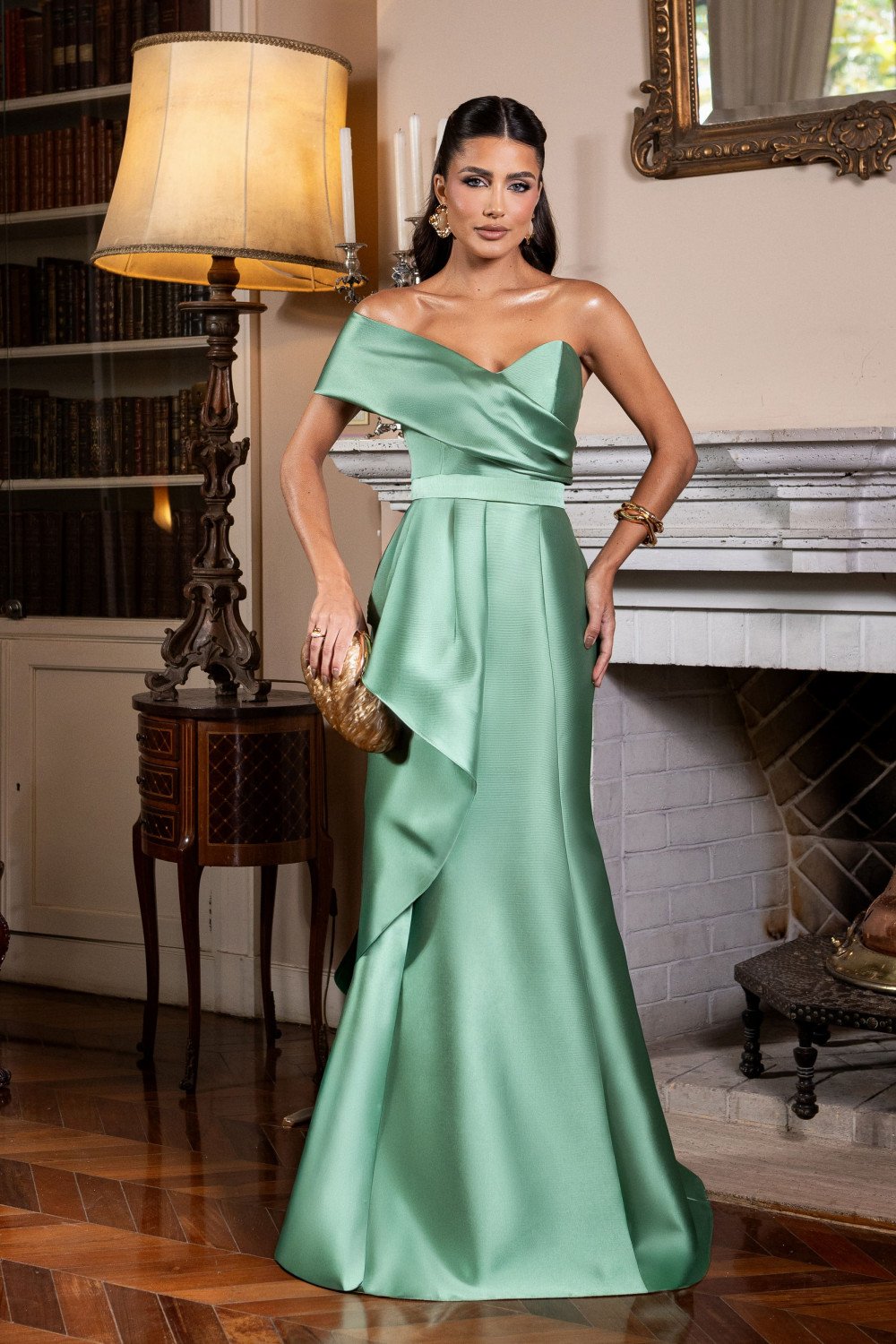 VESTIDO DE FESTA ANA CLARA UM OMBRO ZIBELINE - VERDE OLIVA