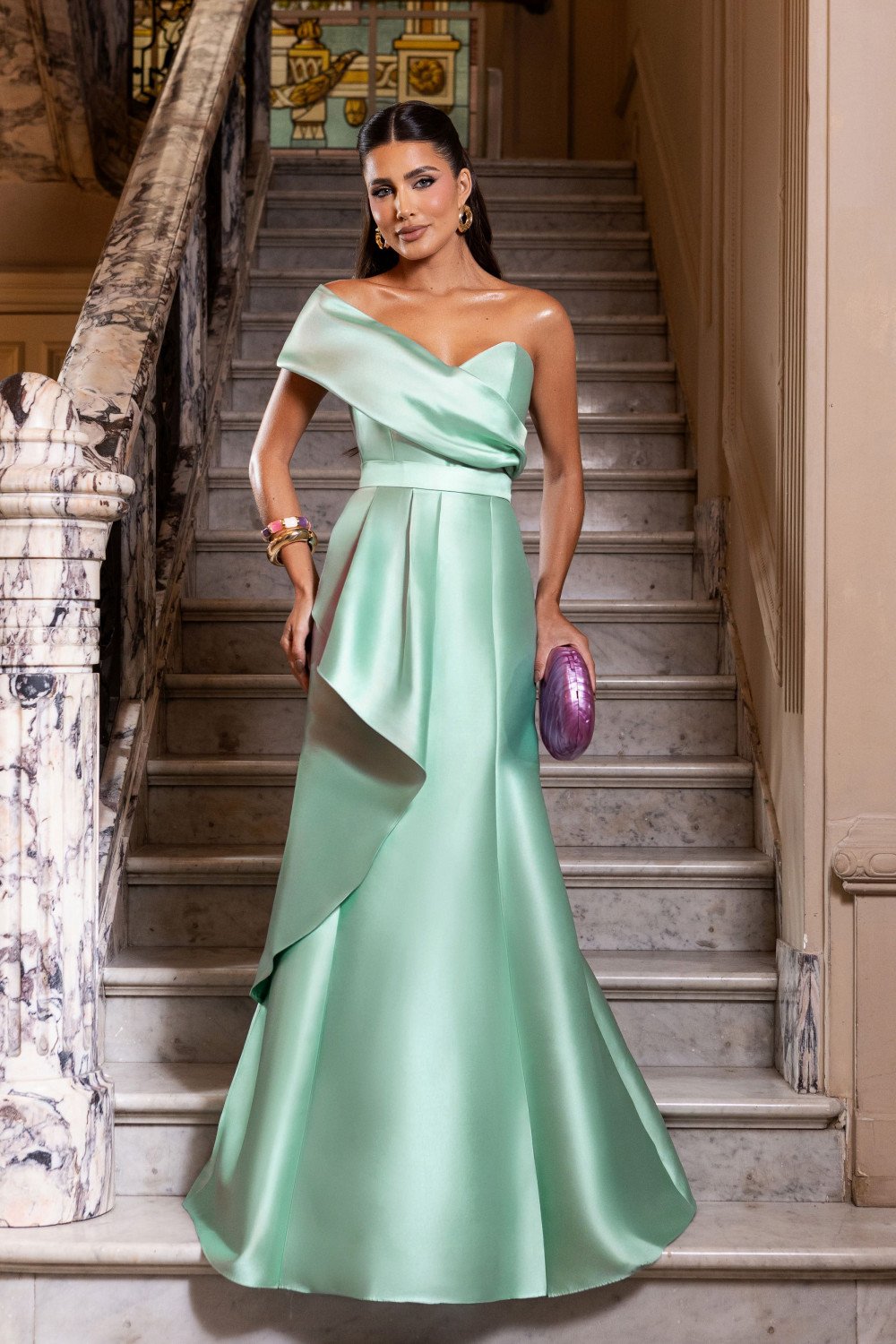 VESTIDO DE FESTA ANA CLARA UM OMBRO ZIBELINE - VERDE MENTA