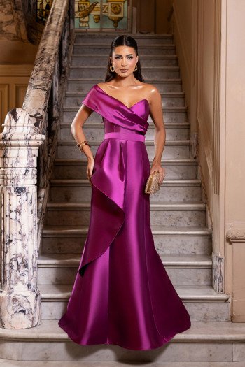 VESTIDO DE FESTA ANA CLARA UM OMBRO ZIBELINE - FÚCSIA