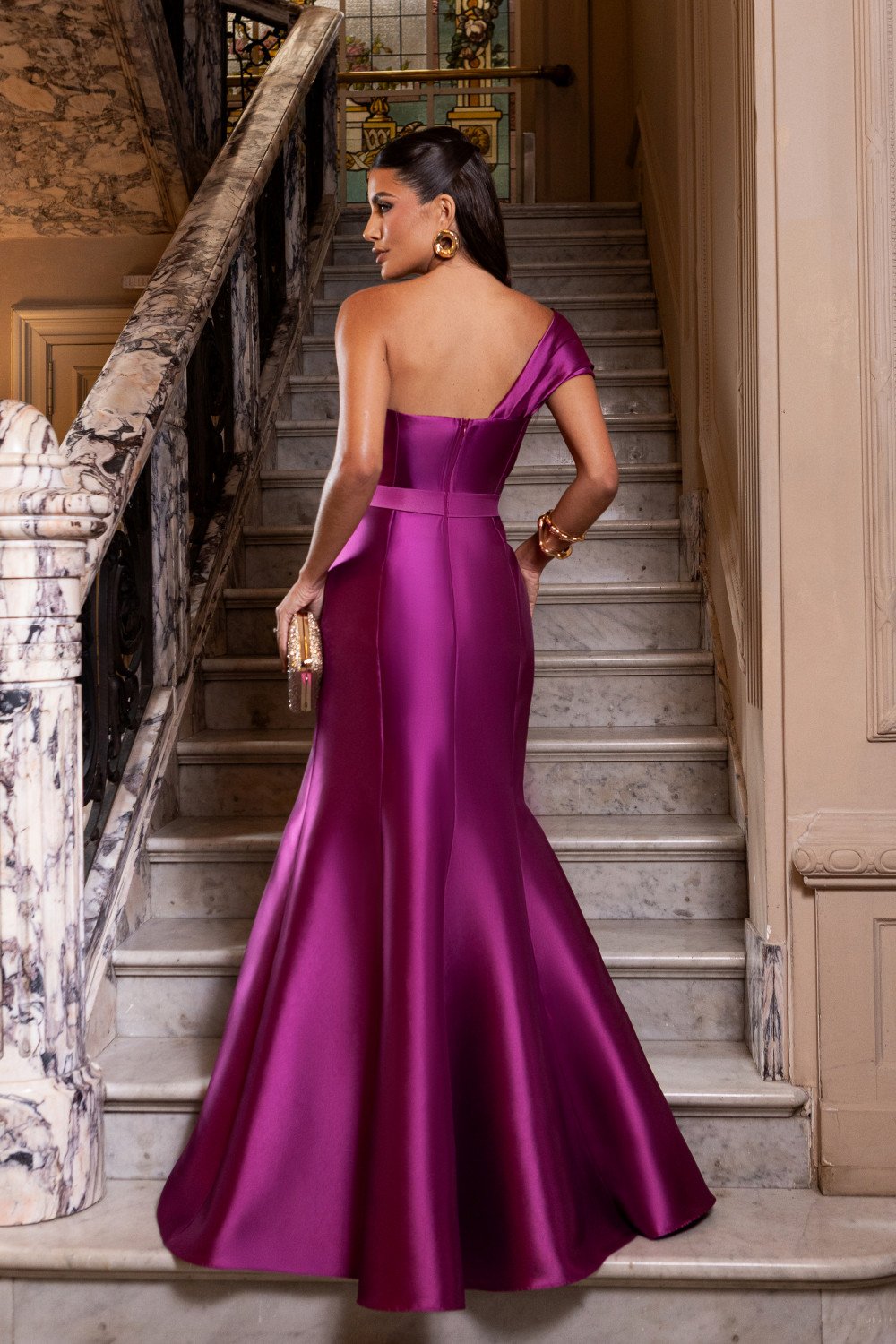 VESTIDO DE FESTA ANA CLARA UM OMBRO ZIBELINE - FÚCSIA