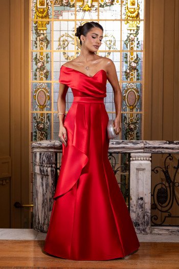 VESTIDO DE FESTA ANA CLARA UM OMBRO ZIBELINE - VERMELHO