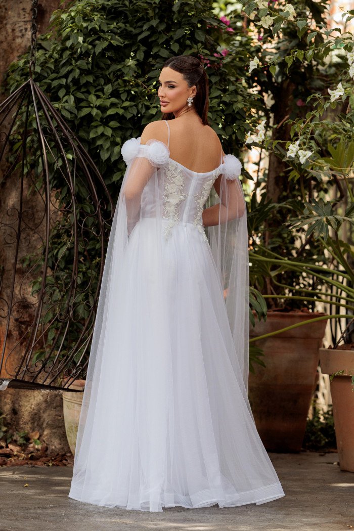 VESTIDO DAIANA OMBRO A OMBRO TULE BORDADO NOIVINHAS - BRANCO