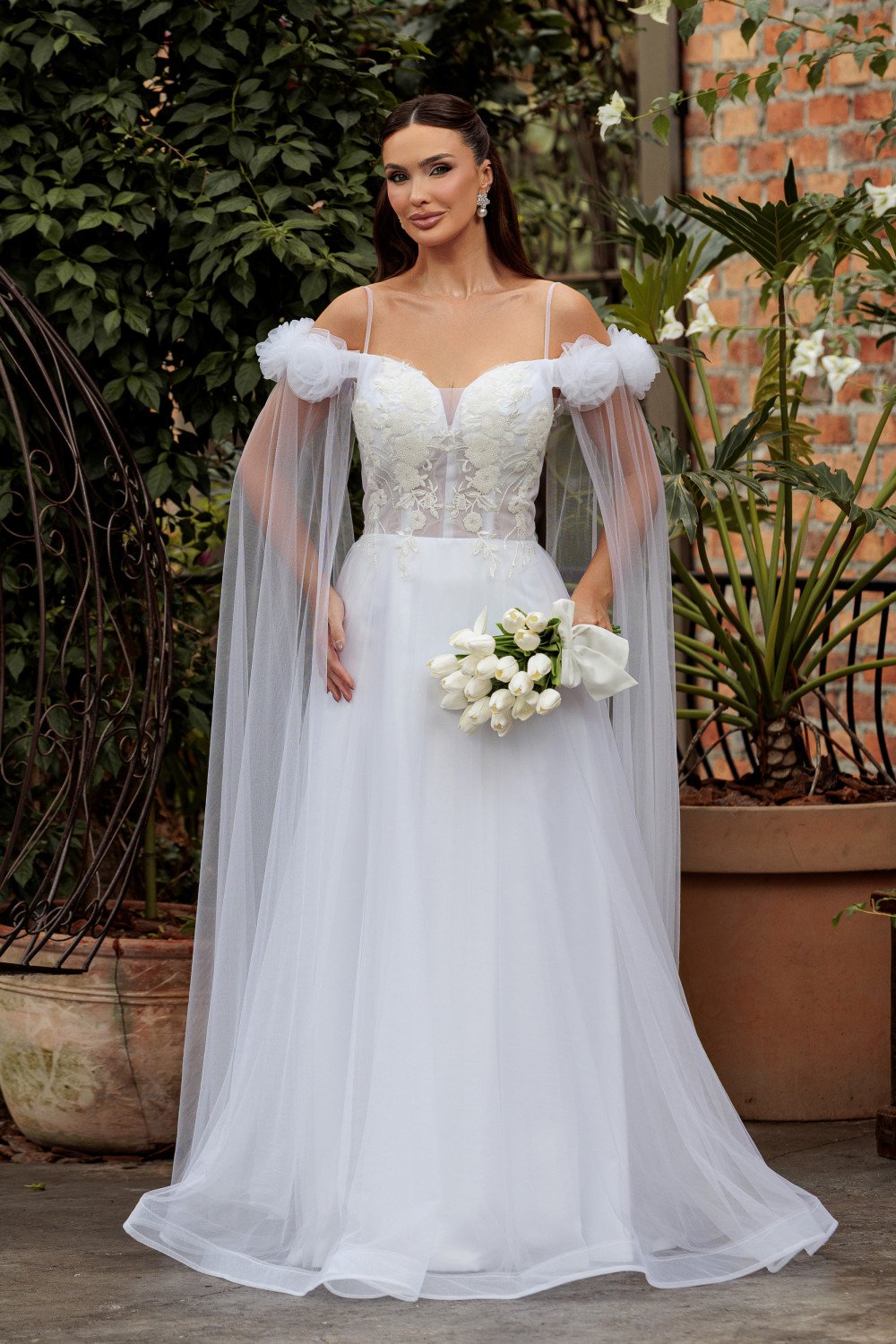 VESTIDO DAIANA OMBRO A OMBRO TULE BORDADO NOIVINHAS - BRANCO