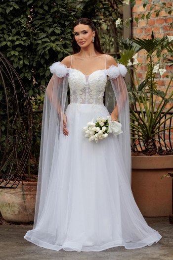 VESTIDO DAIANA OMBRO A OMBRO TULE BORDADO NOIVINHAS - BRANCO