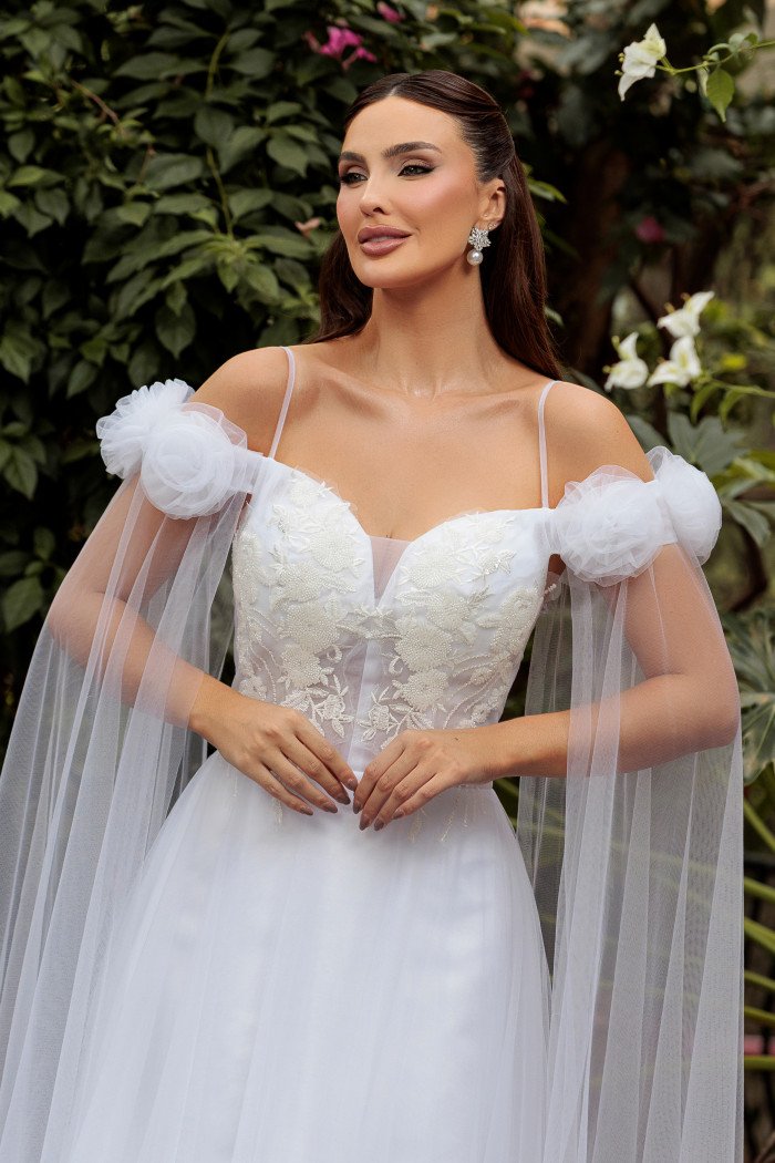 VESTIDO DAIANA OMBRO A OMBRO TULE BORDADO NOIVINHAS - BRANCO