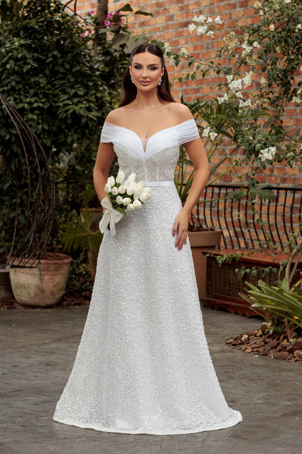 VESTIDO BRENDA TULE OMBRO A OMBRO BRILHO NOIVINHAS - BRANCO