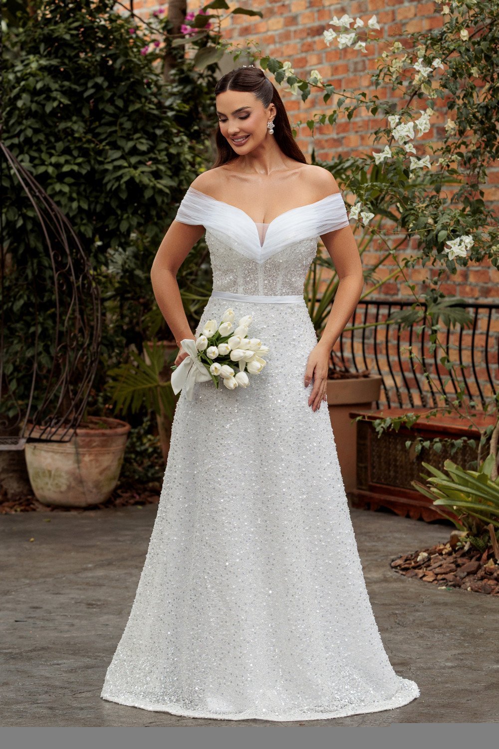 VESTIDO BRENDA TULE OMBRO A OMBRO BRILHO NOIVINHAS - BRANCO