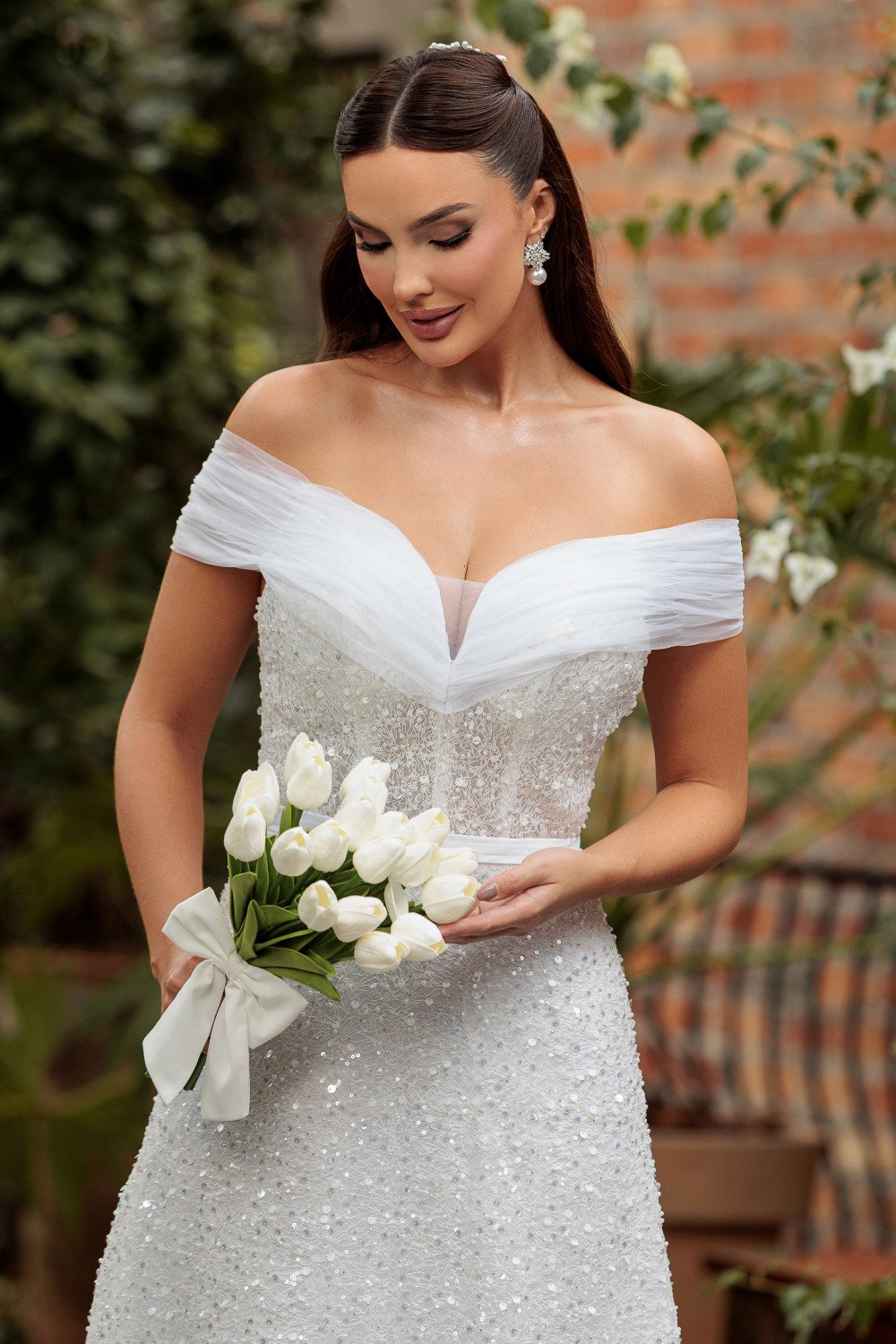 VESTIDO BRENDA TULE OMBRO A OMBRO BRILHO NOIVINHAS - BRANCO