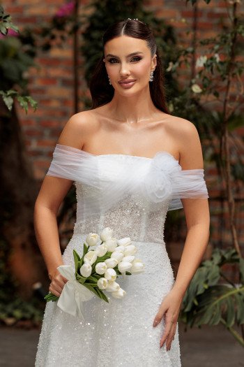 VESTIDO THAISE OMBRO A OMBRO TULE PEDRARIA NOIVINHAS - BRANCO