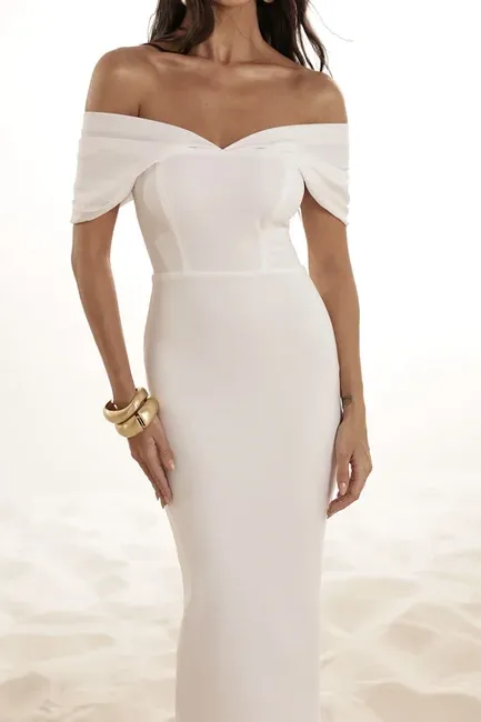 VESTIDO MIDI LÁPIS MANGA PREGAS - OFF WHITE