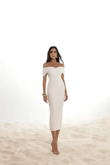 VESTIDO MIDI LÁPIS MANGA PREGAS - OFF WHITE
