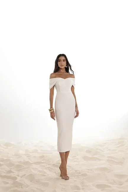 VESTIDO MIDI LÁPIS MANGA PREGAS - OFF WHITE