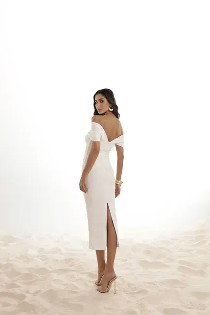 VESTIDO MIDI LÁPIS MANGA PREGAS - OFF WHITE
