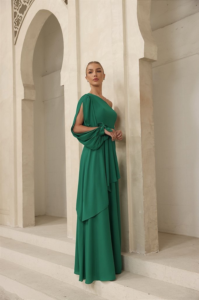 VESTIDO LONGO UM OMBRO EM CAMADAS LUÍSA - VERDE BANDEIRA