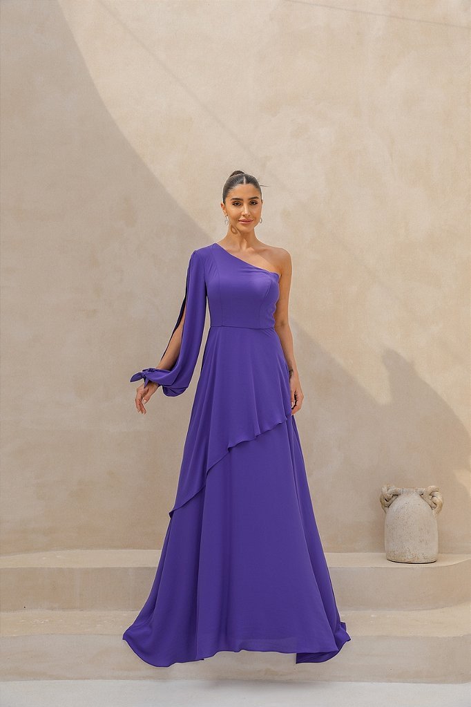 VESTIDO LONGO UM OMBRO EM CAMADAS LUÍSA - ROXO
