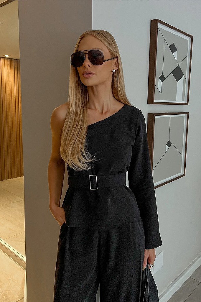CONJUNTO PANTALONA BLUSA UM OMBRO - PRETO