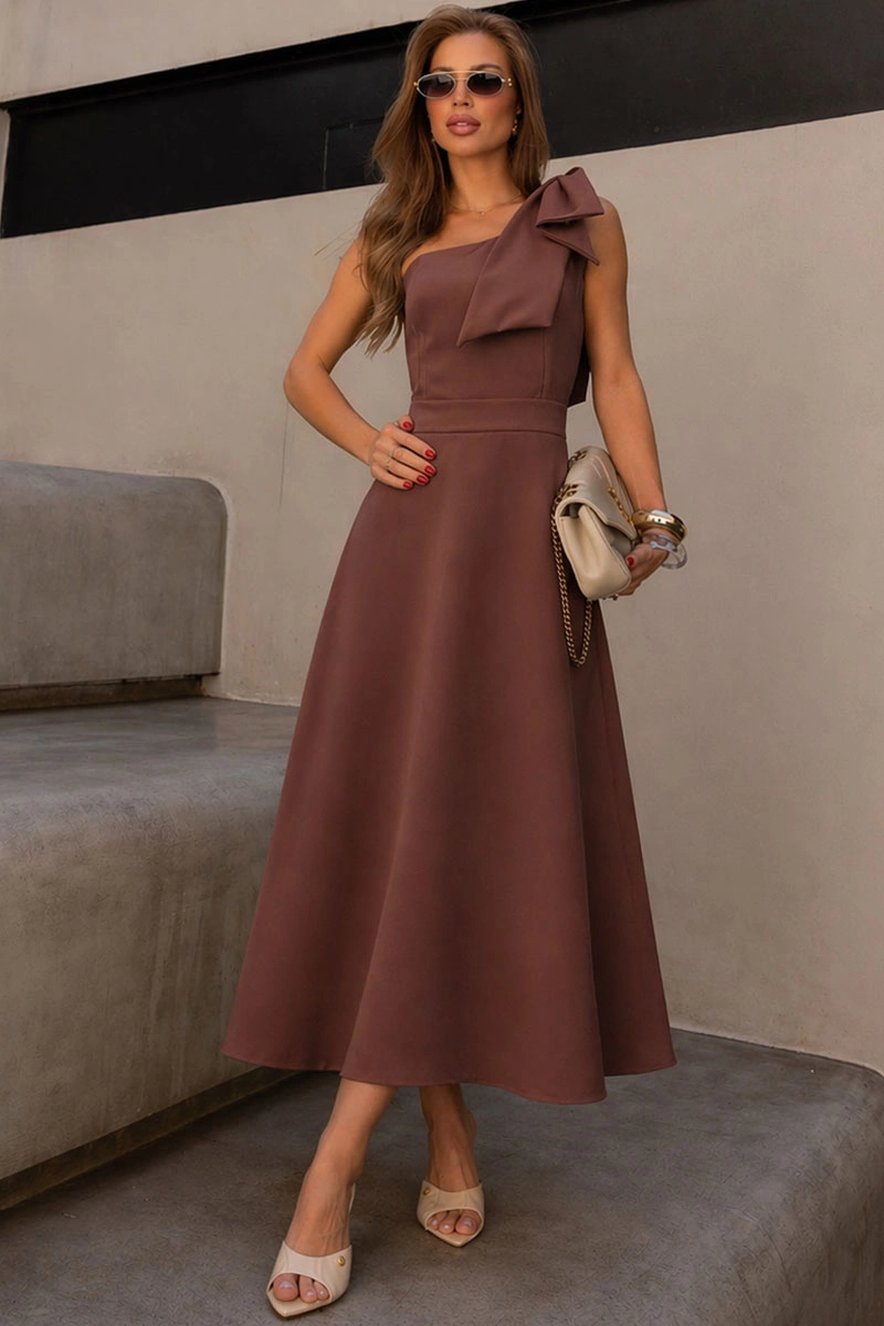 VESTIDO GLÁUCIA UM OMBRO COM LAÇO - MARROM