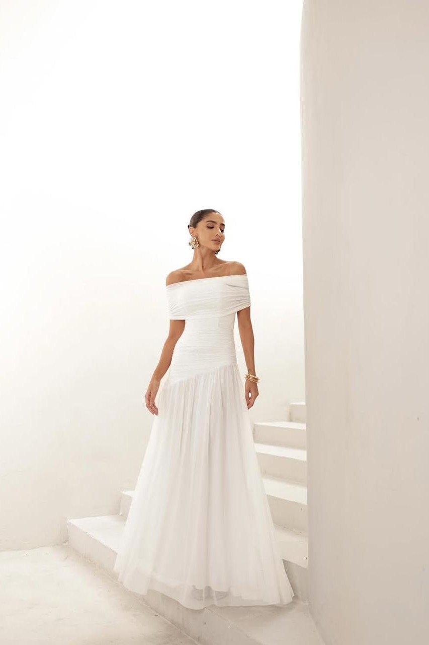 VESTIDO DE FESTA ALICE MICROTULE COM CAPA - OFF WHITE