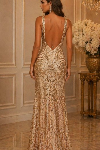 VESTIDO ALEXANDRA PAETÊ COSTAS ABERTA - DOURADO