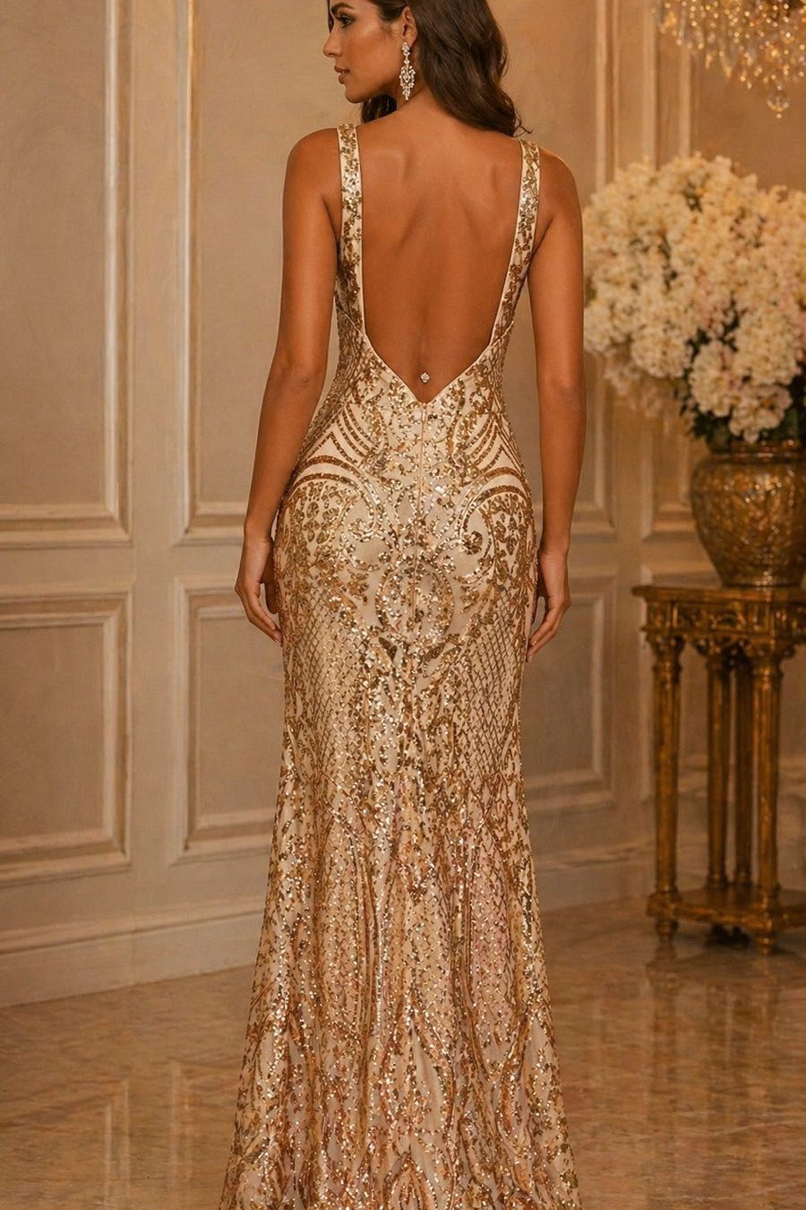 VESTIDO ALEXANDRA PAETÊ COSTAS ABERTA - DOURADO