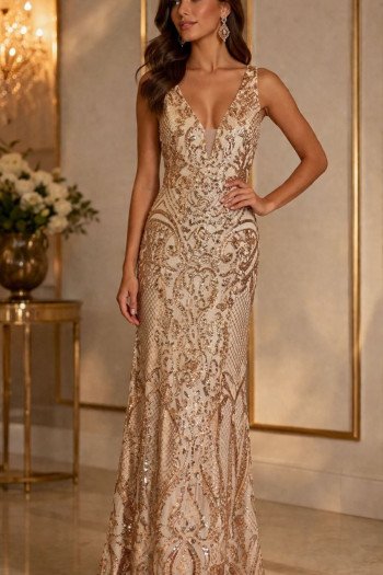 VESTIDO ALEXANDRA PAETÊ COSTAS ABERTA - DOURADO