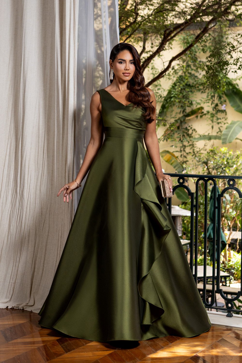 VESTIDO DE FESTA FIRENZE ZIBELINE UM OMBRO - VERDE OLIVA