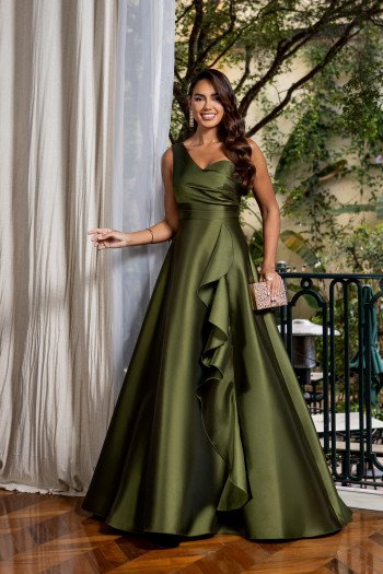 VESTIDO DE FESTA FIRENZE ZIBELINE UM OMBRO - VERDE OLIVA