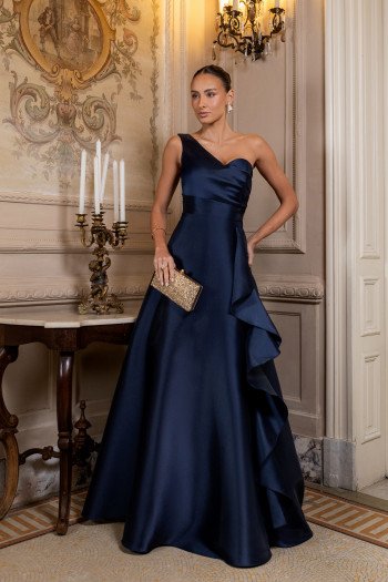 VESTIDO DE FESTA FIRENZE ZIBELINE UM OMBRO - AZUL MARINHO