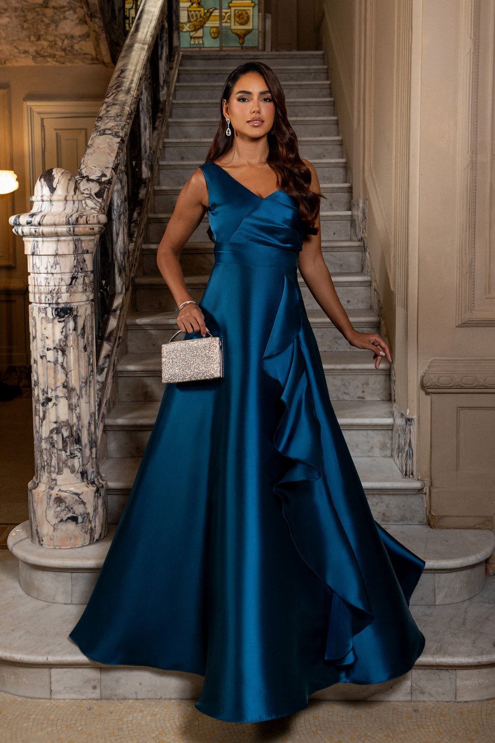 VESTIDO DE FESTA FIRENZE ZIBELINE UM OMBRO - AZUL PETRÓLEO