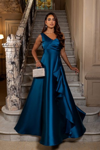 VESTIDO DE FESTA FIRENZE ZIBELINE UM OMBRO - AZUL PETRÓLEO