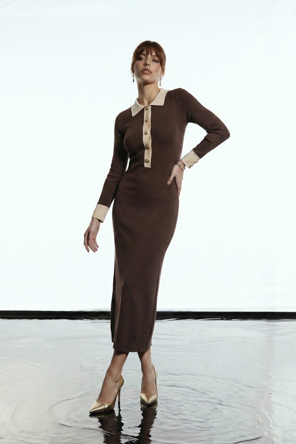 VESTIDO NATALIA TRICOT GOLA BICOLOR GLAMOROUS - MARROM