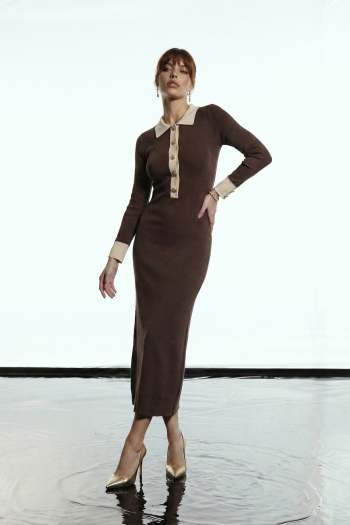 VESTIDO NATALIA TRICOT GOLA BICOLOR GLAMOROUS - MARROM